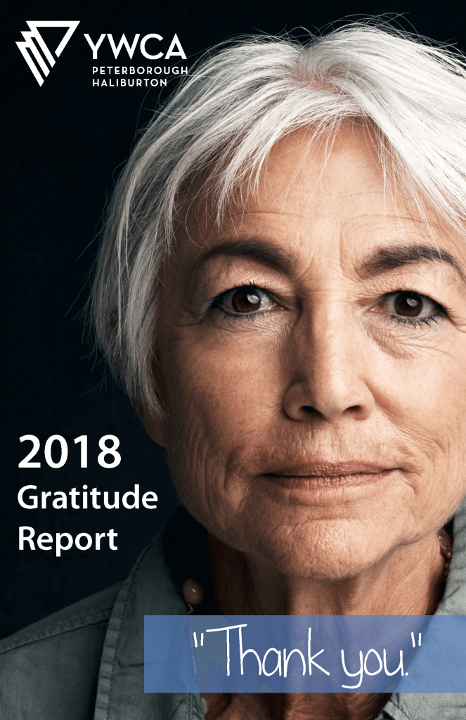 Image of woman with short grey hair and intense brown eyes, looking directly at viewer, with the words "2018 Gratitude Report" and "Thank You" beneath the YWCA logo