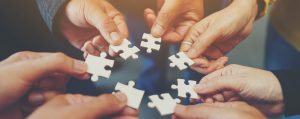 many hands holding puzzle pieces, coming together
